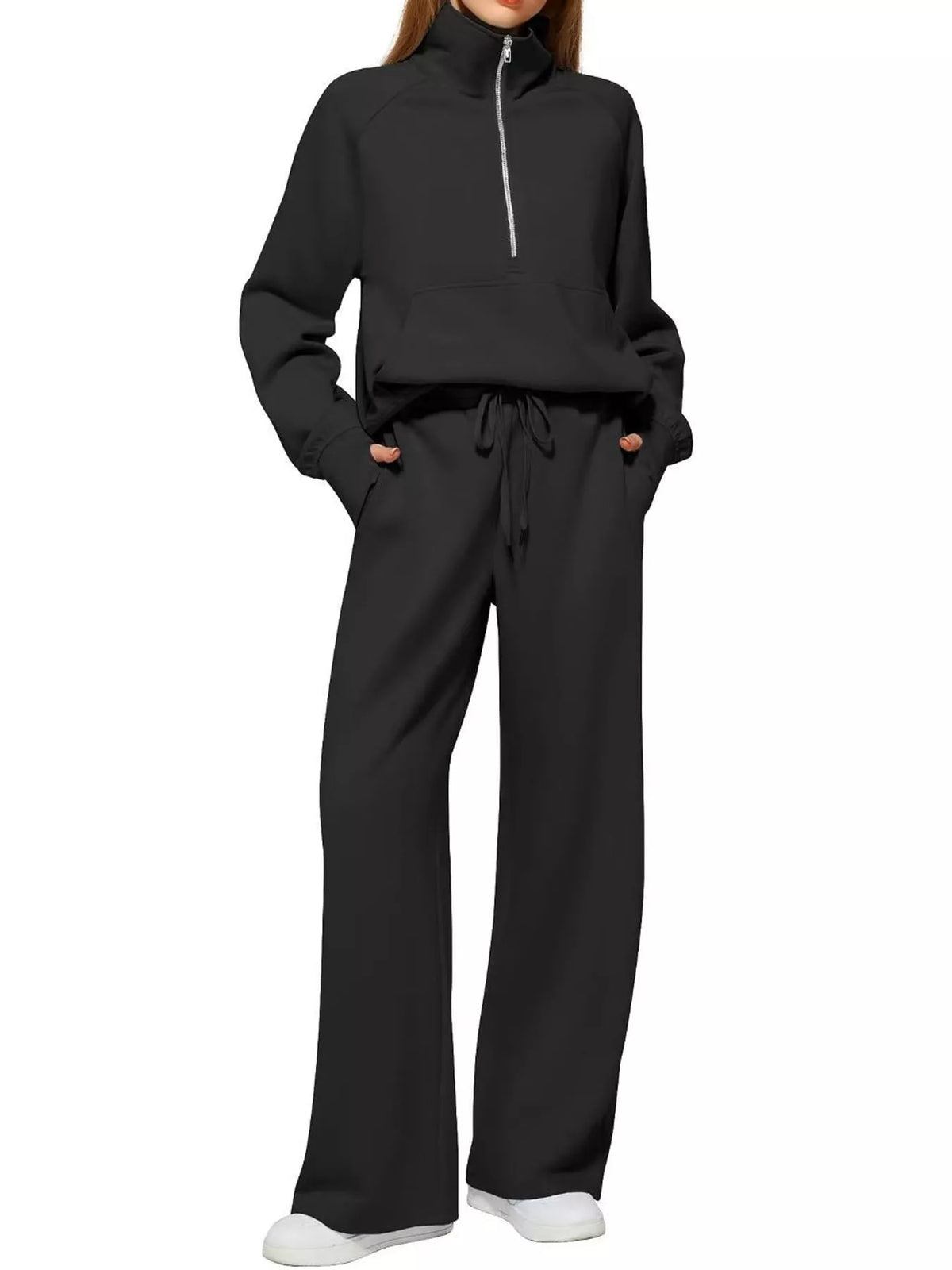 Half-zip top and pants set, black front