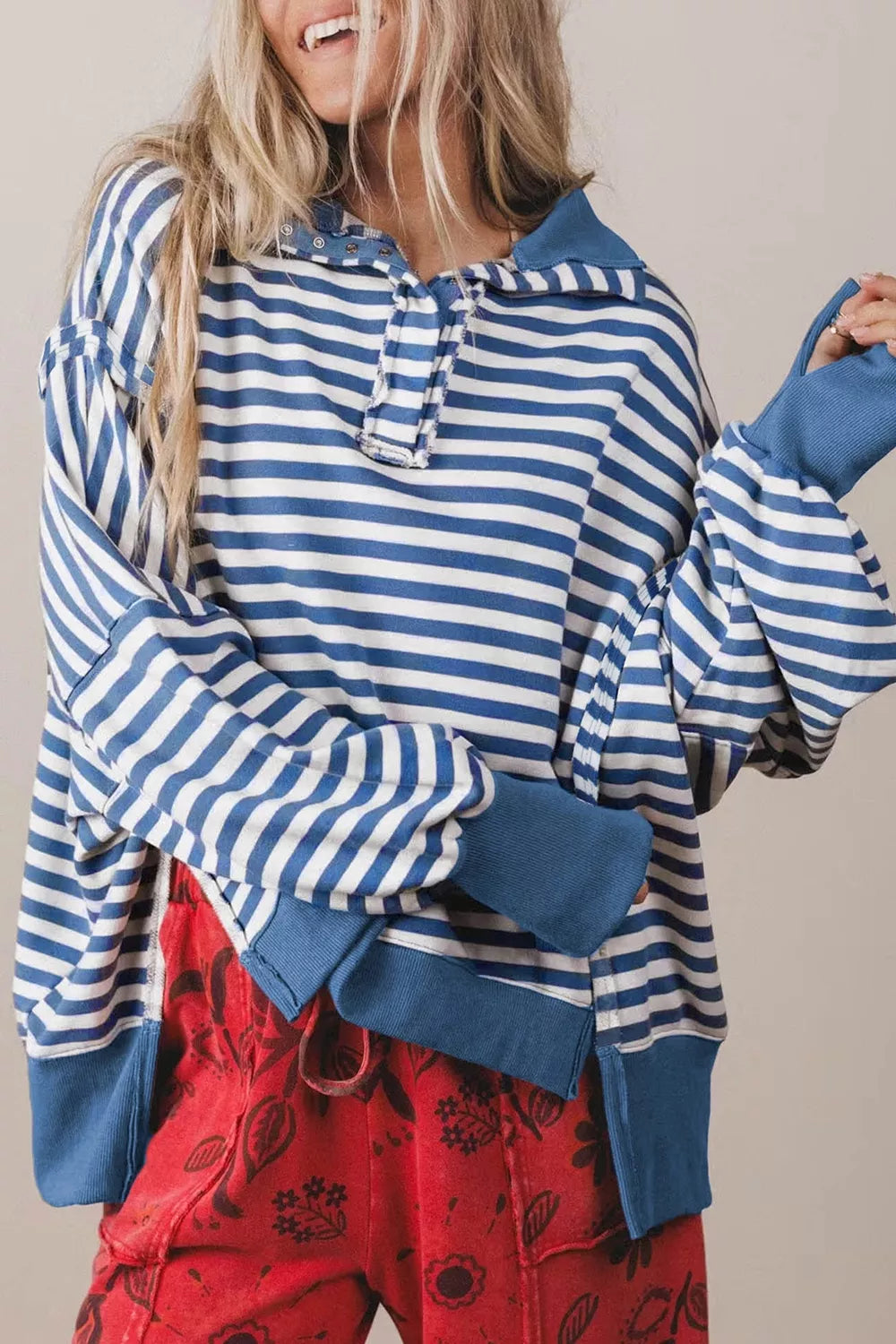 Trendsi Stripe Color Block Trim Raw Seam Split Hem Loose Sweatshirt -