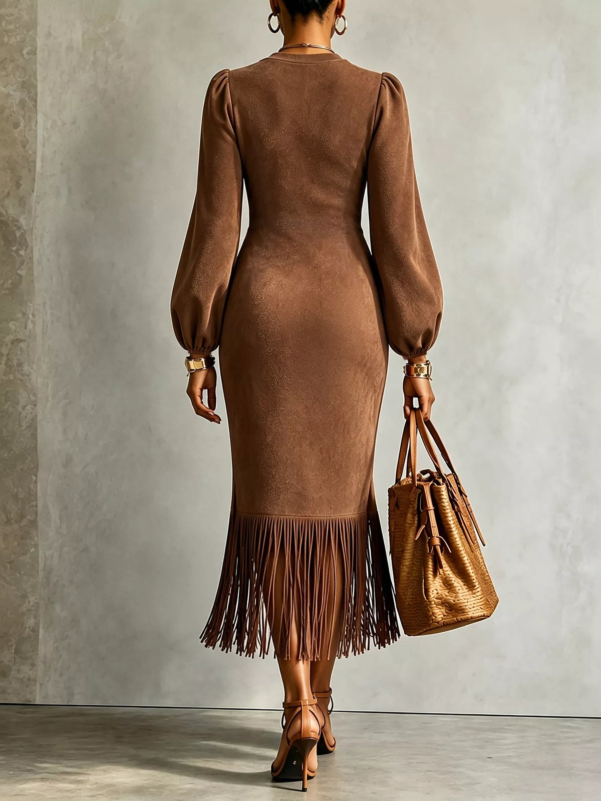 Fringe Balloon Sleeve Midi Dress in brown, back view