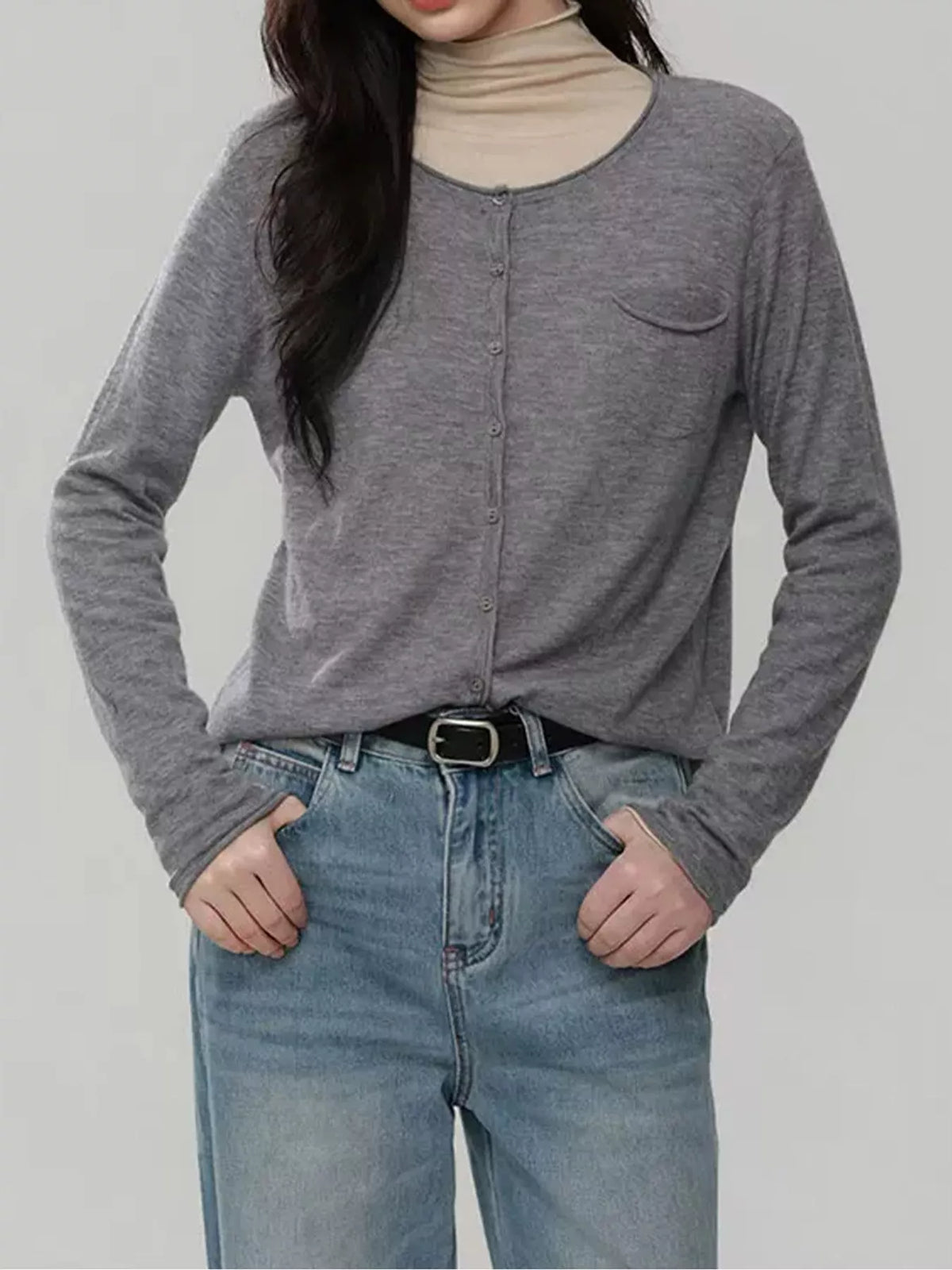 Round neck long sleeve cardigan, front view on model