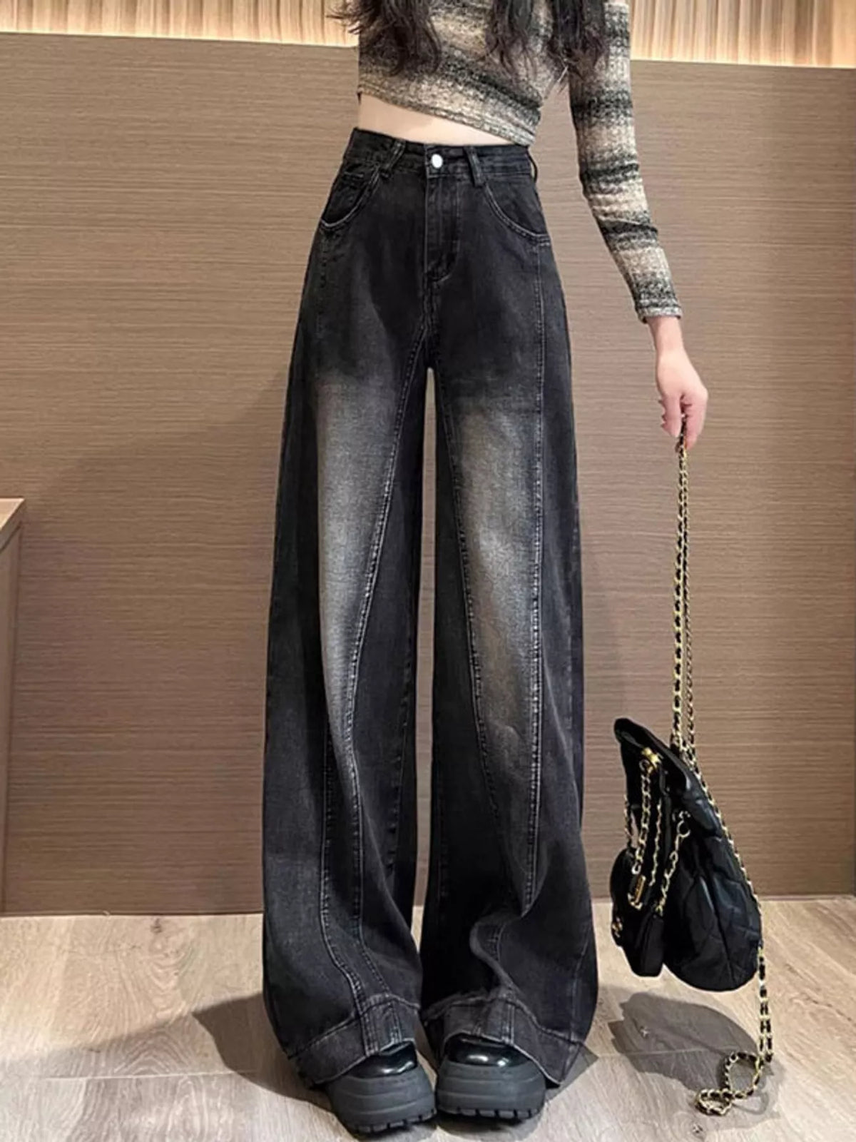 High-Waisted Washed Wide-Leg Jeans in black and gray