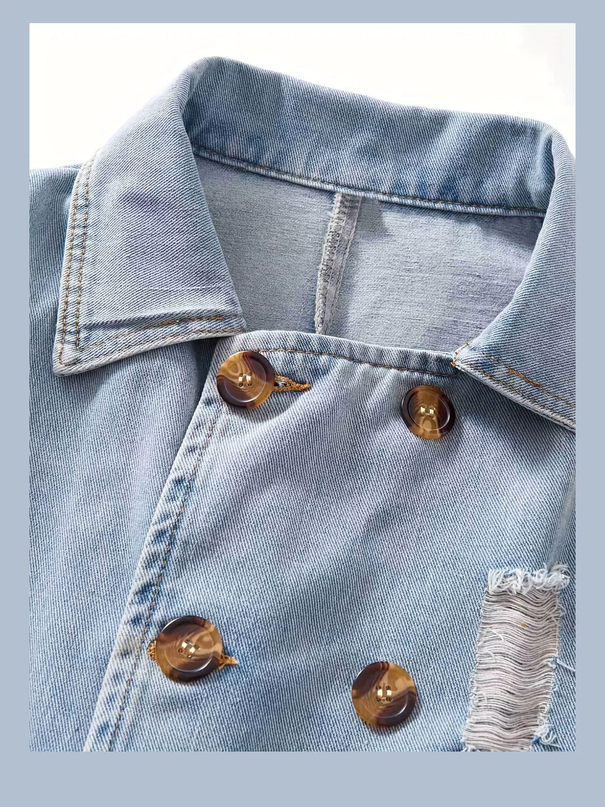 Distressed Double-Breasted Longline Denim Jacket in light blue, construction detail