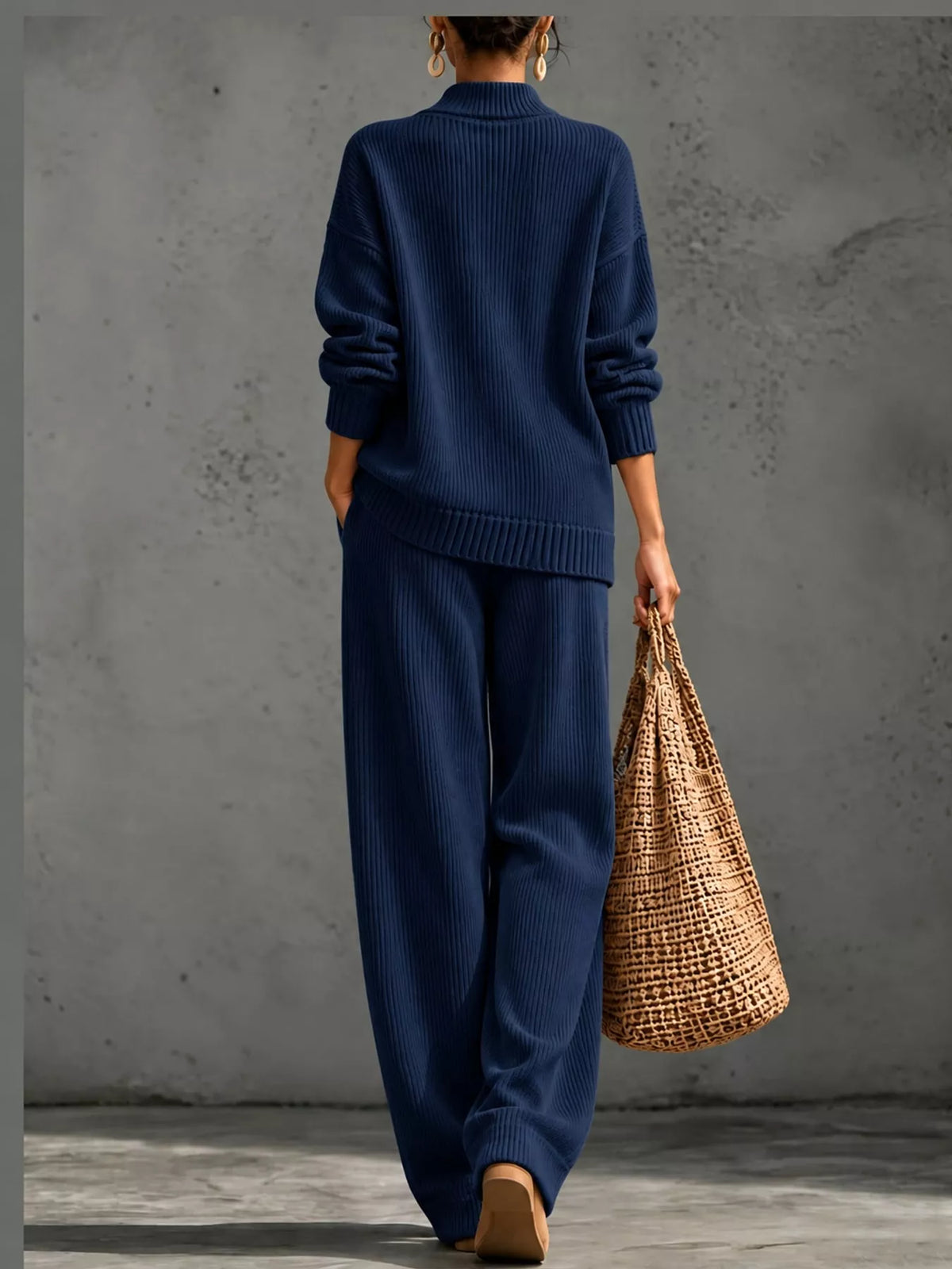 V-Neck Wrap Sweater and Wide-Leg Pants Set — back view