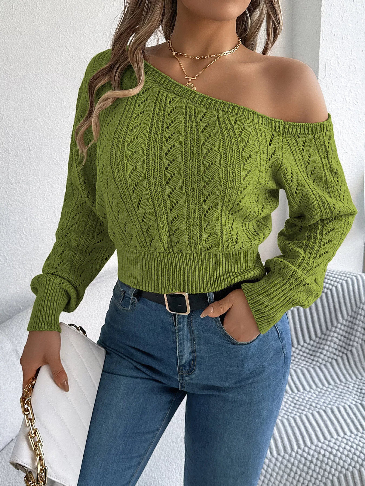 Matcha Green openwork one shoulder sweater