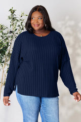 Trendsi Basic Bae Full Size Ribbed Round Neck Slit Knit Top -