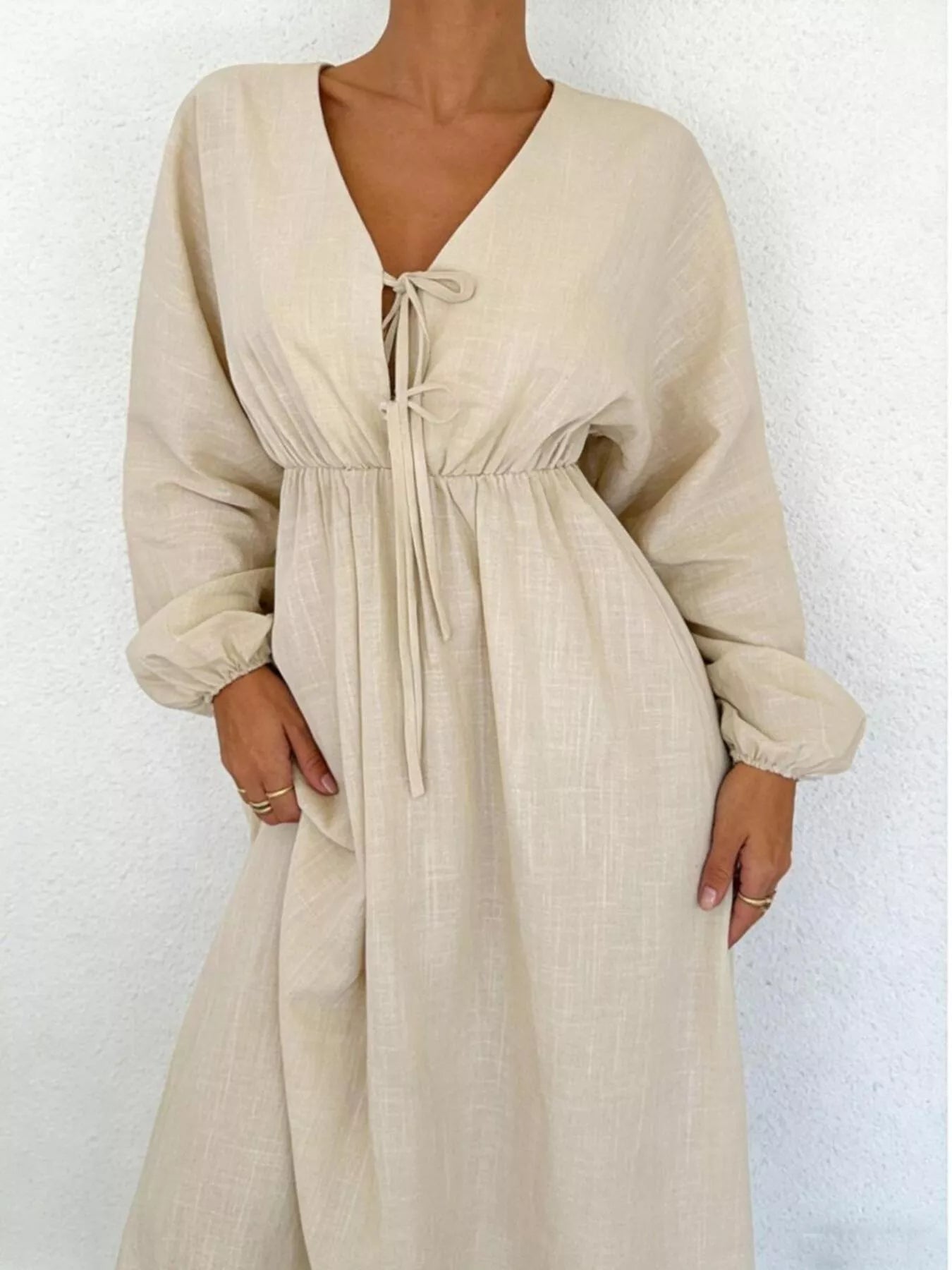 Trendsi Tie Front Balloon Sleeve Maxi Dress -