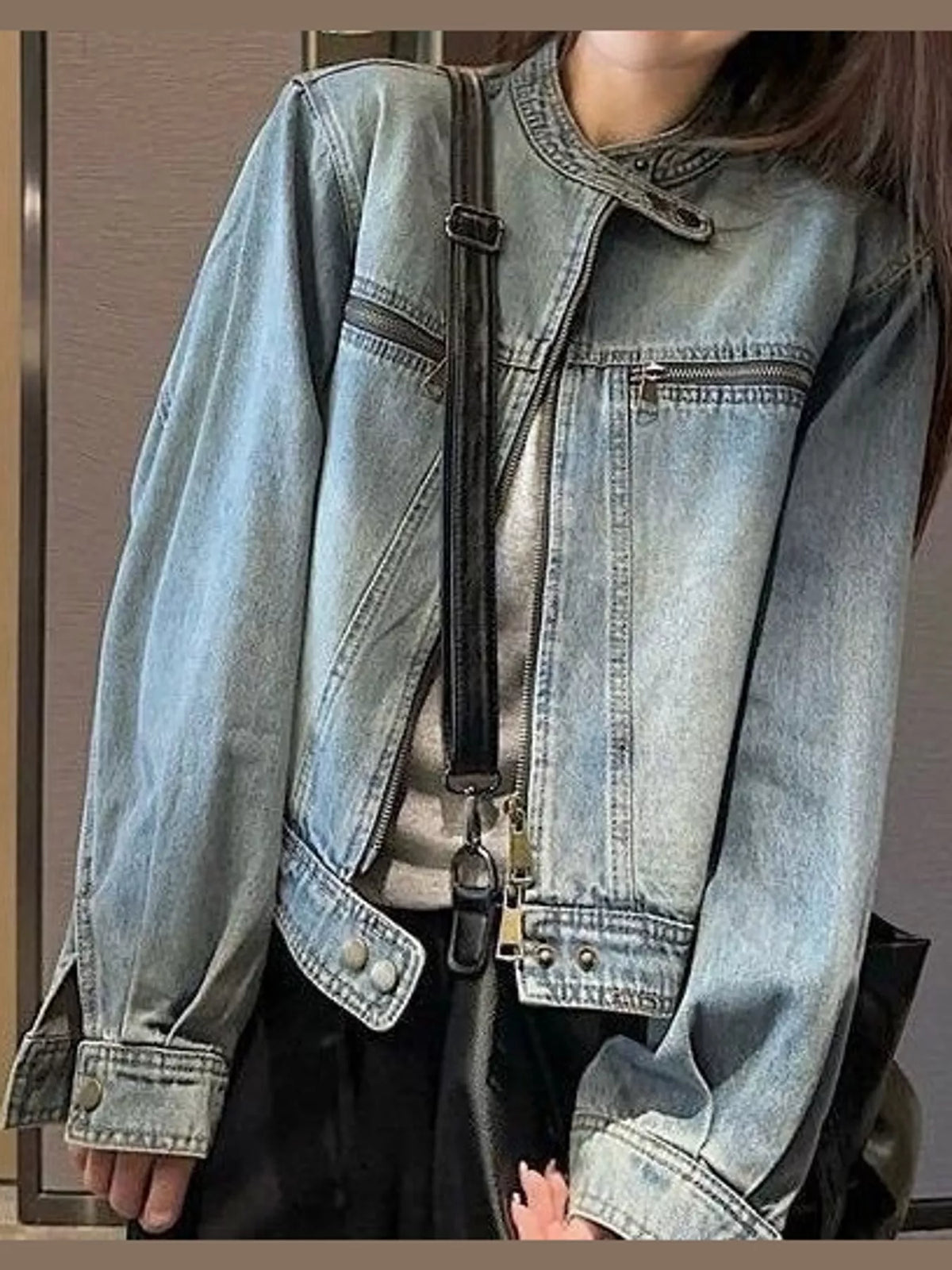 Zip-Up Long Sleeve Denim Jacket — front view