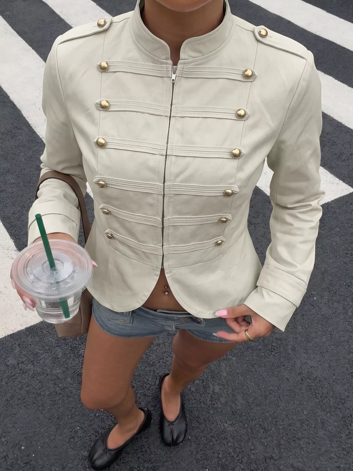 Apricot zip-up cropped jacket, front view
