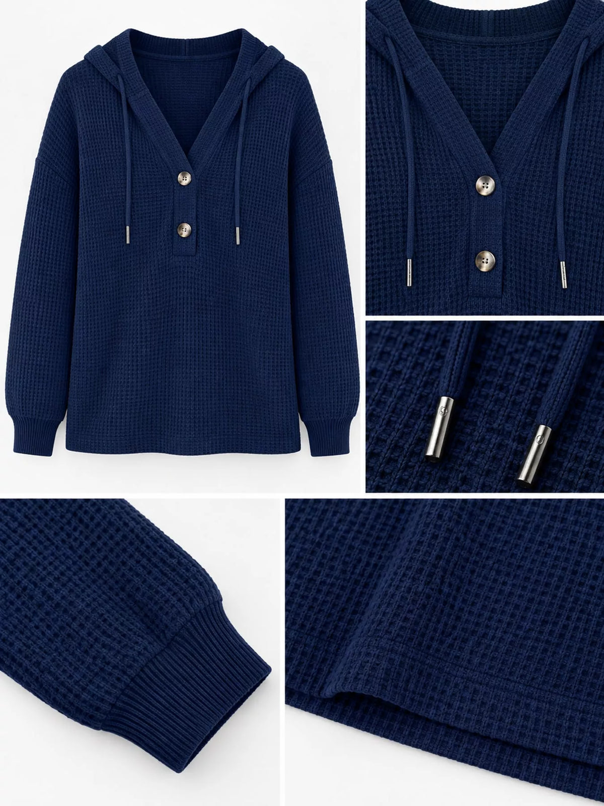 Navy waffle knit button-detail hoodie, hood button cuff and waffle-knit details