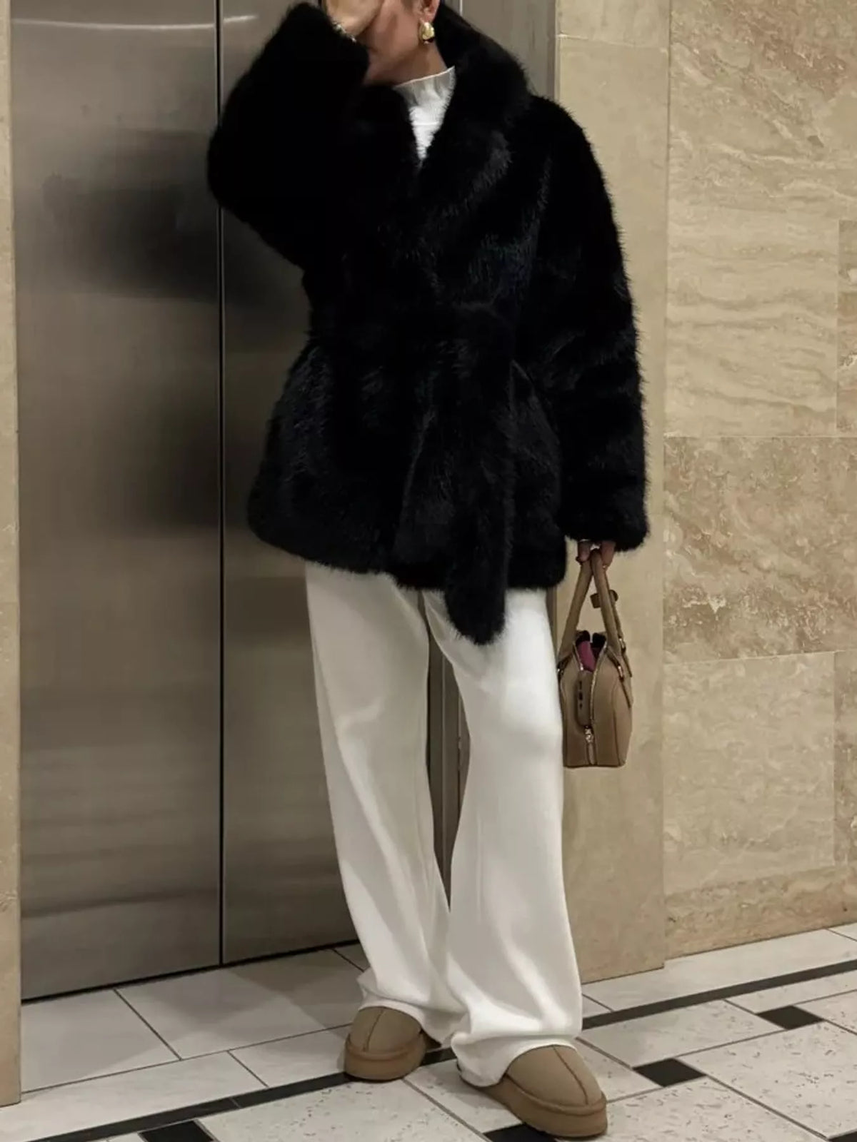 Faux Fur Belted Coat in black