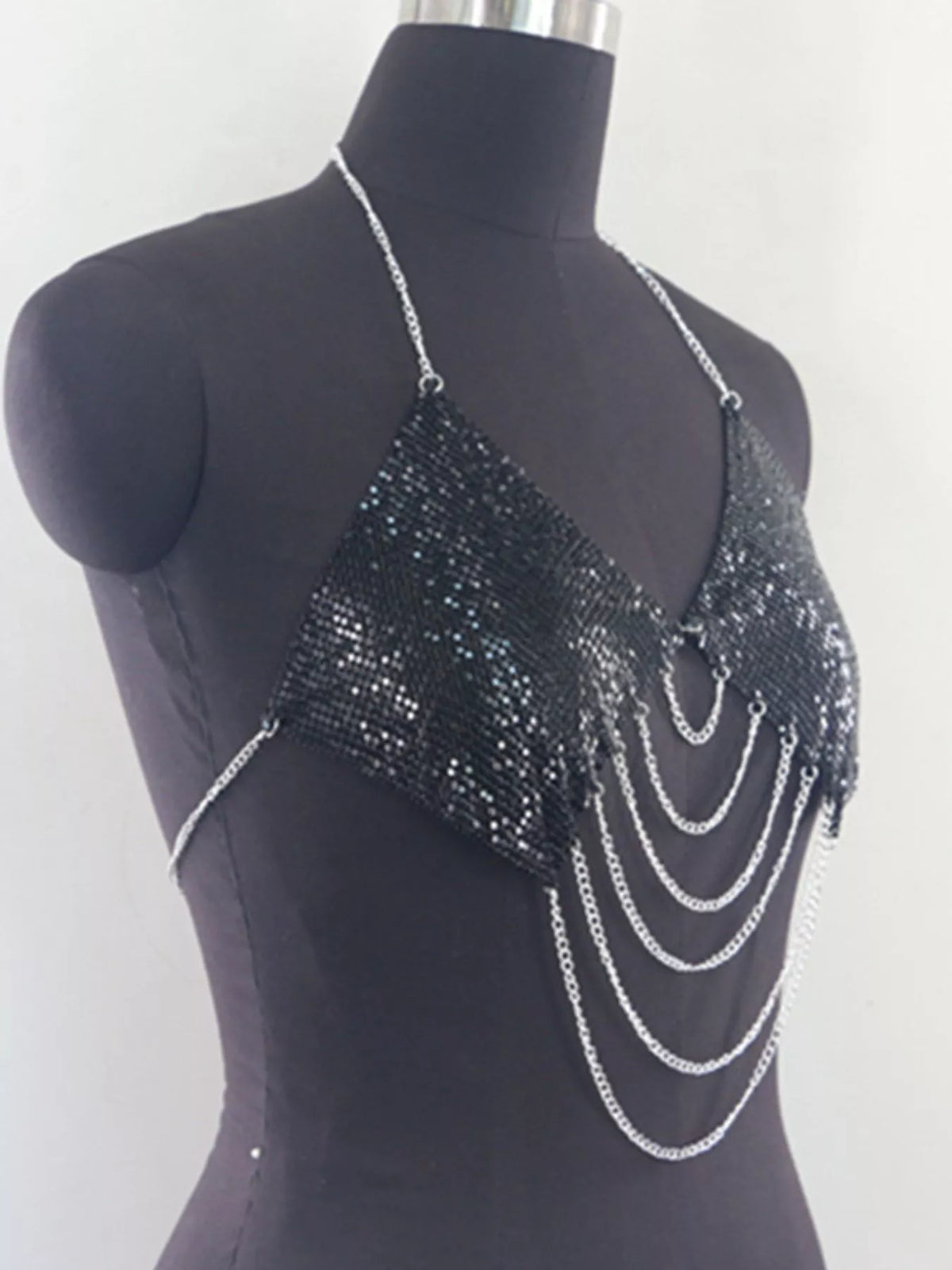Black metallic chainmail halter cami top, side view