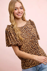 Trendsi BiBi Leopard Printed Spandex Jersey Ruffle Sleeve Top -