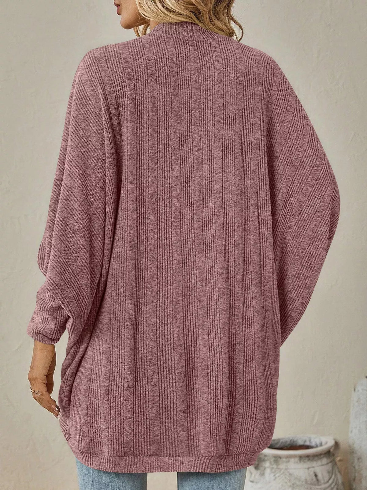 Pink open-front batwing sleeve cardigan, back view