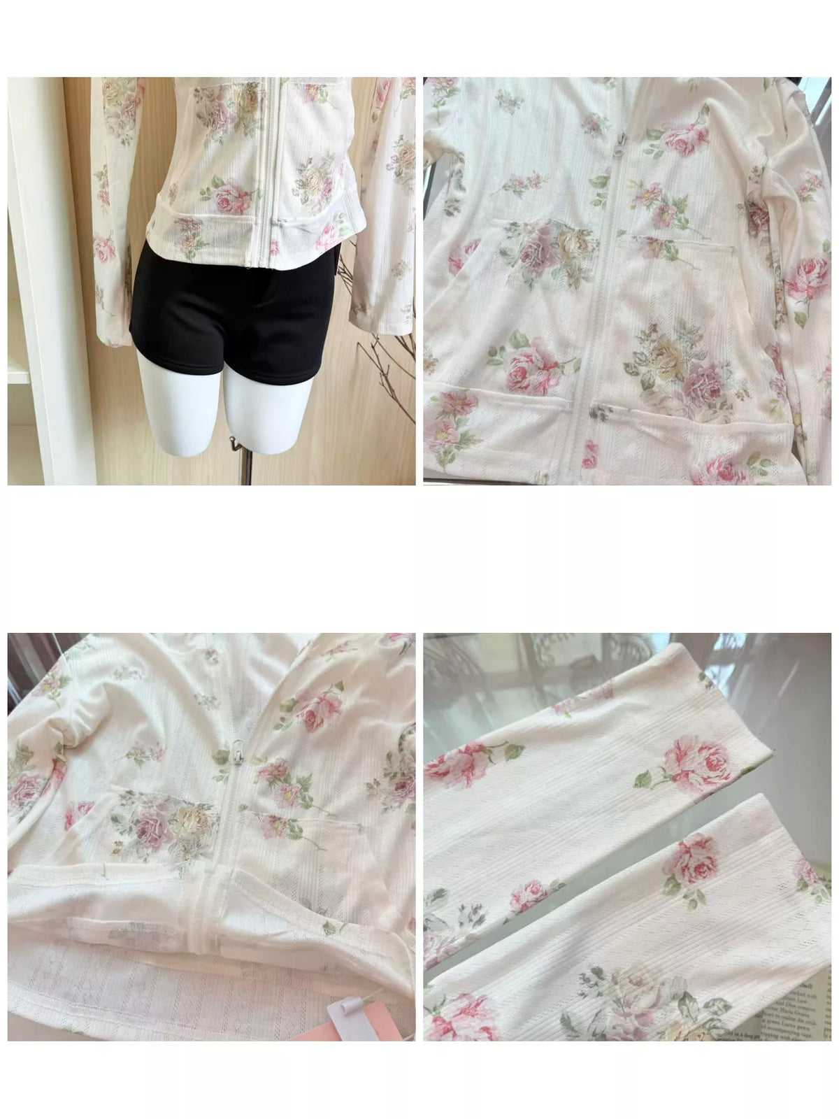 White floral print zip-up knit hoodie, detail view