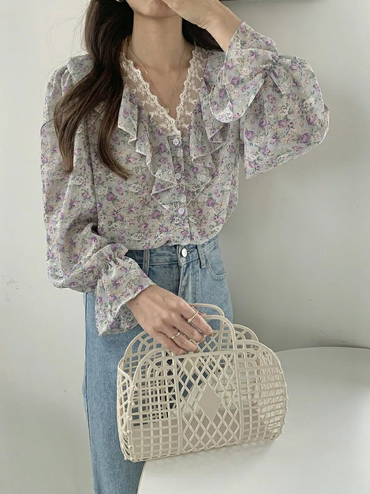 Floral Ruffle Lace Trim V-Neck Shirt — front view