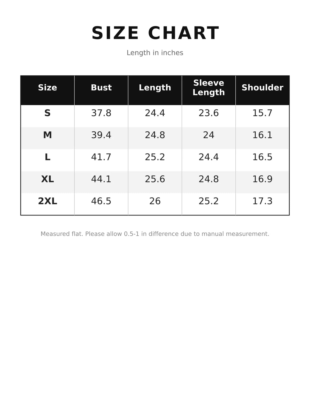 Collared long sleeve blazer, size and measurement chart