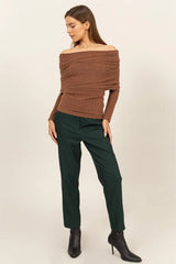 Trendsi HYFVE Fuzzy Off Shoulder Textured Knit Top -
