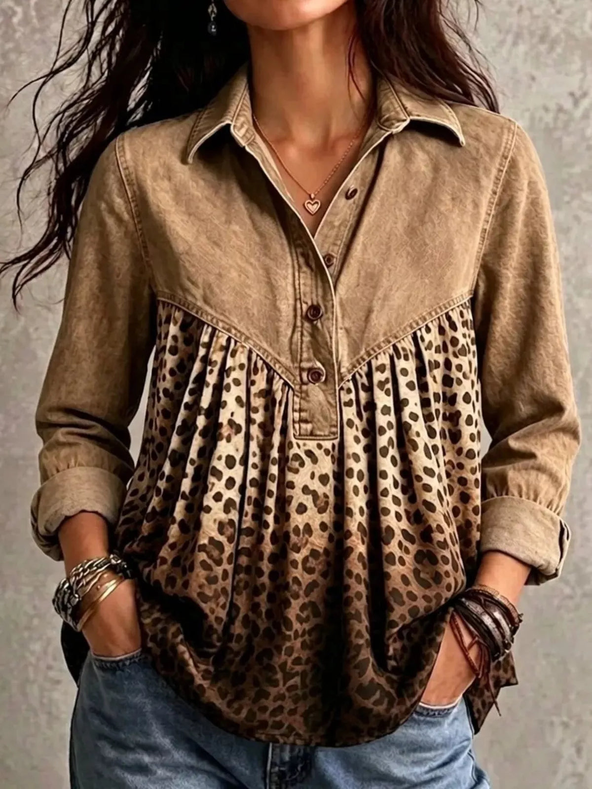 Camel leopard-panel button-front blouse, front view