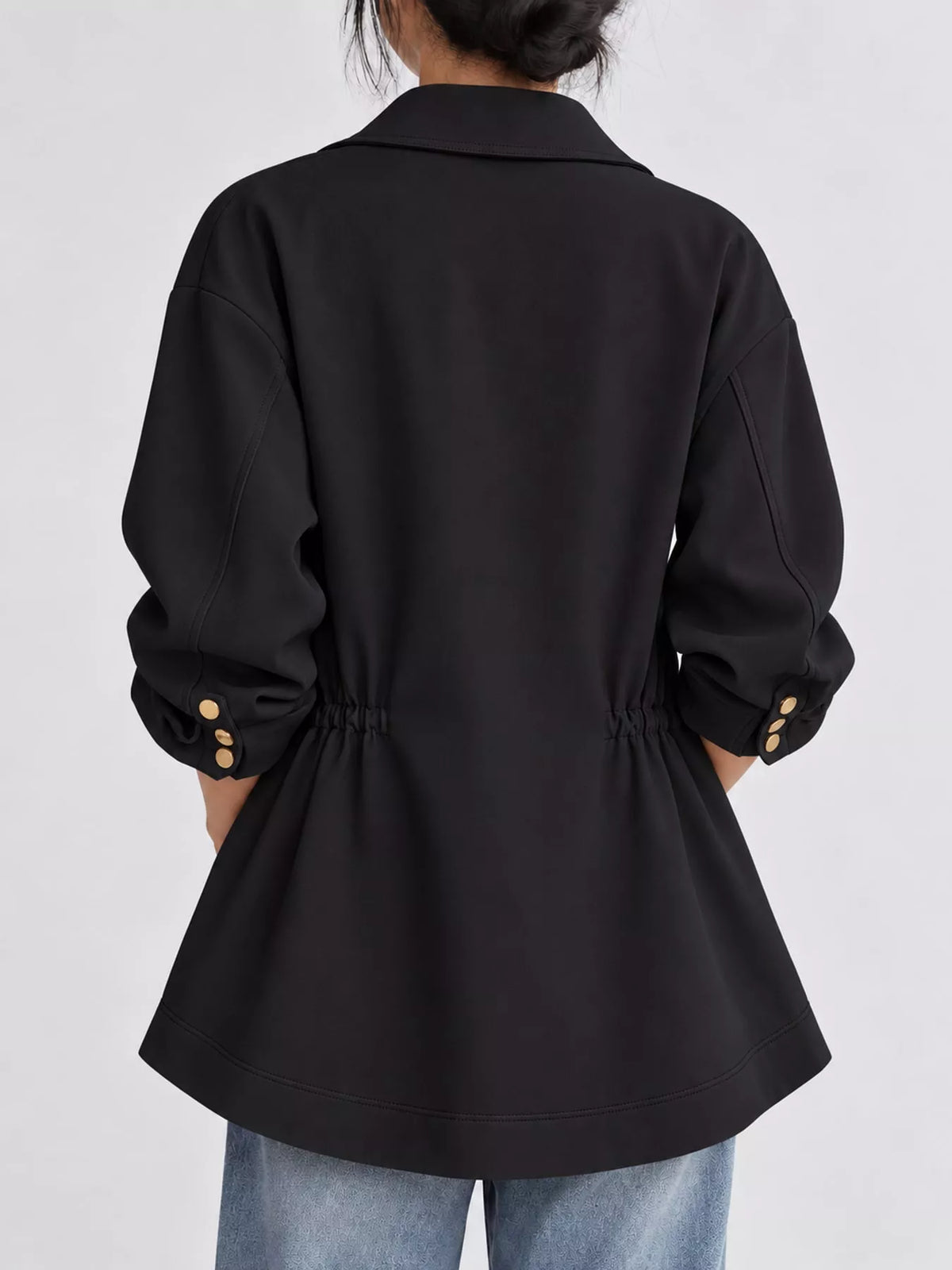 Lapel Collar Button Up Blazer, back view in black