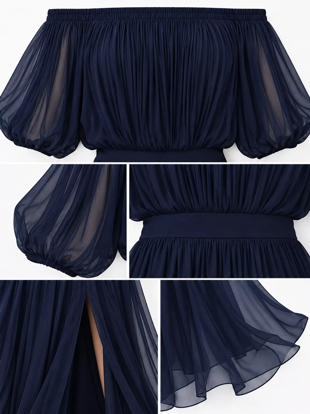 Navy off shoulder ruched chiffon maxi dress, detail view