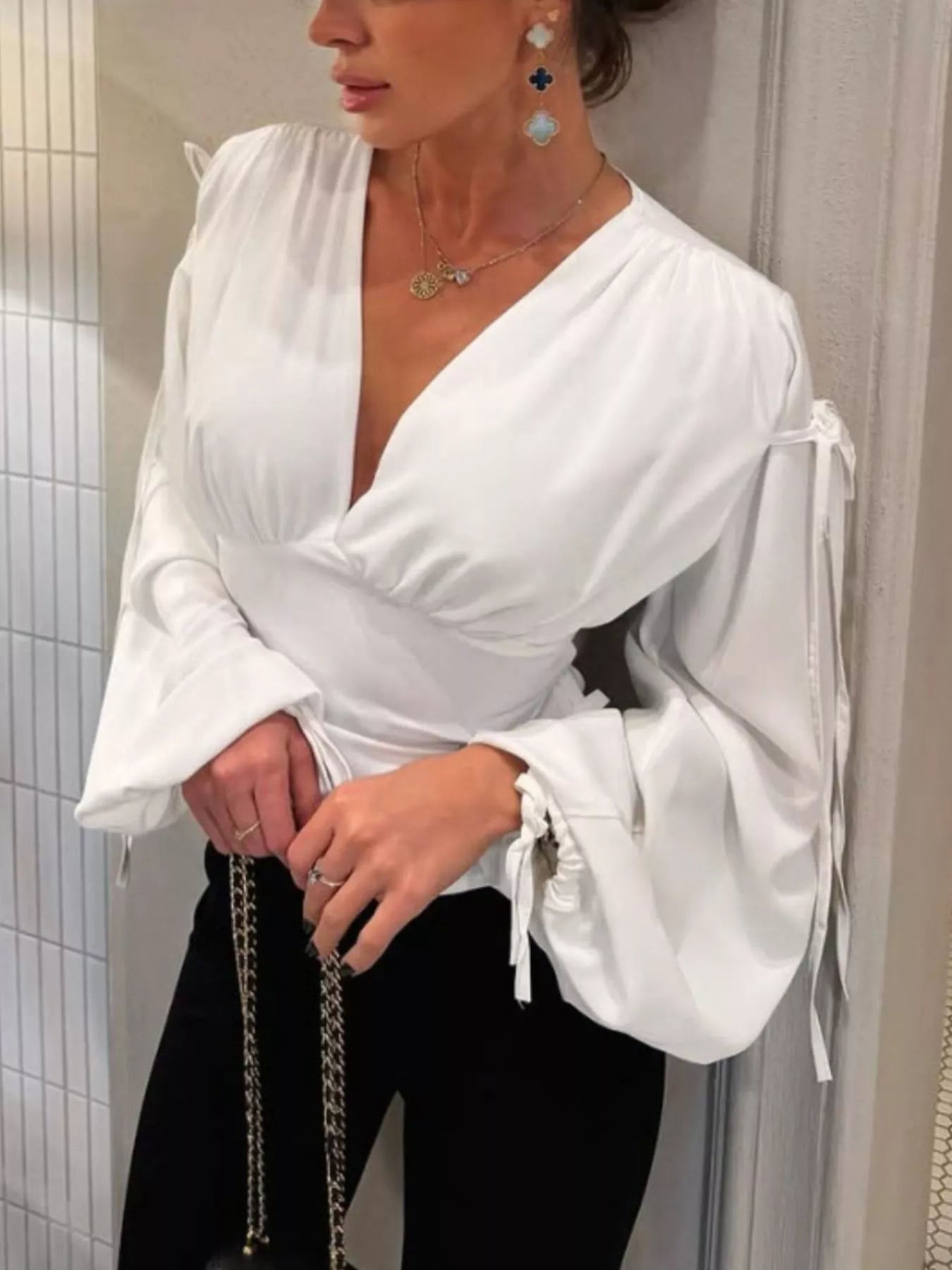 Trendsi Tied V-Neck Balloon Sleeve Blouse -