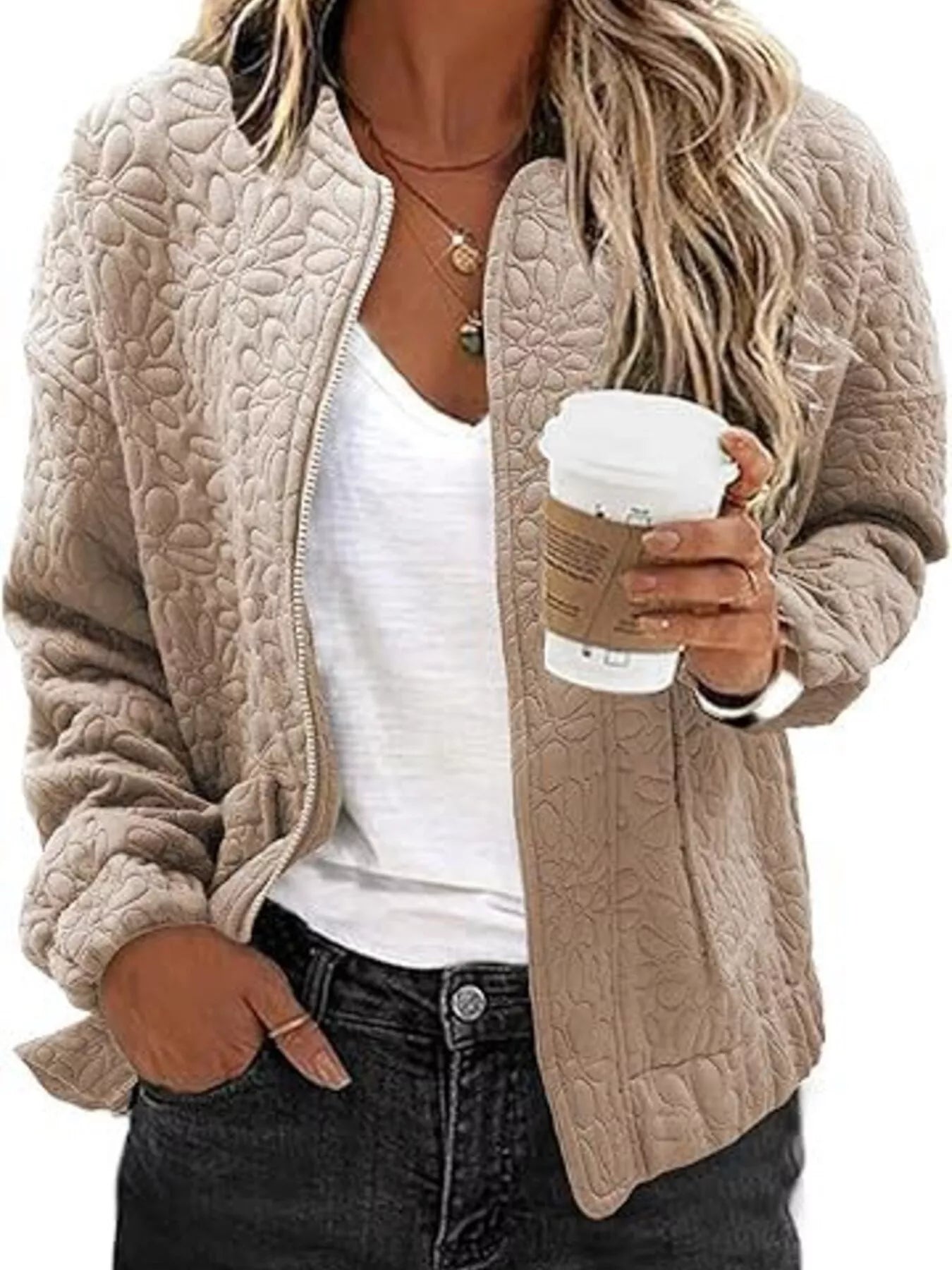 Trendsi Floral Quilted Zip Up Jacket -