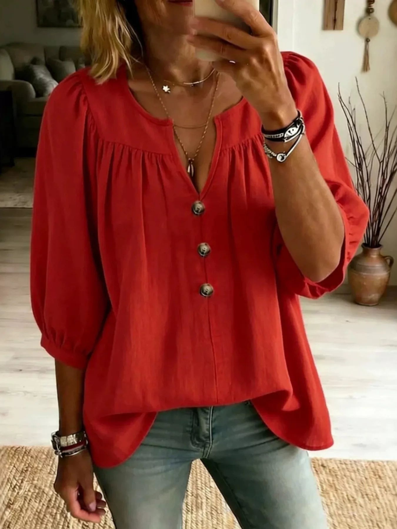 Trendsi Full Size Notched 3/4 Sleeve Blouse Plus Size -