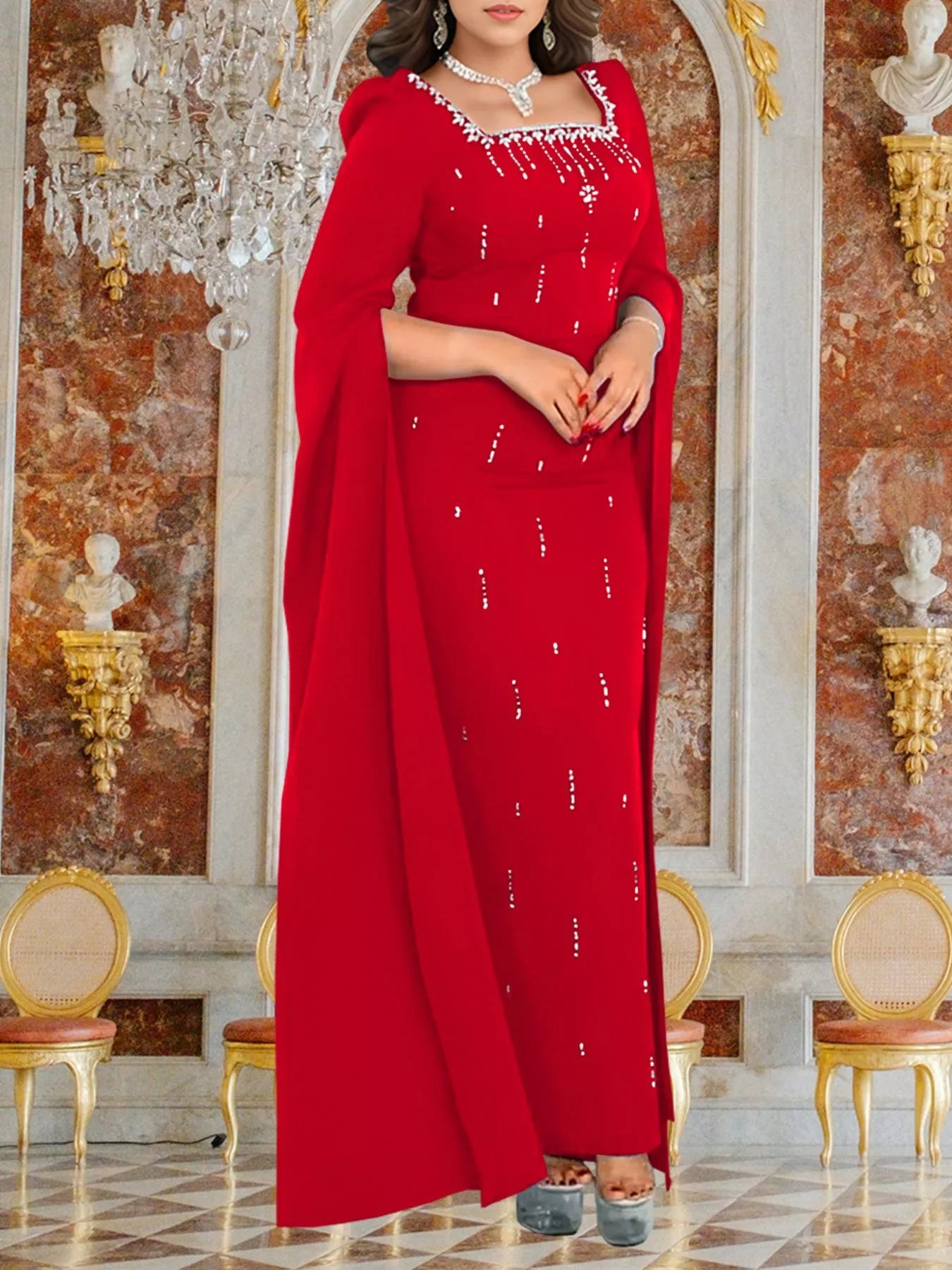 Trendsi Rhinestone Square Neck Slit Sleeve Maxi Dress -