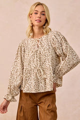Trendsi BiBi Floral Printed Peplum Blouse with Shirring and Tied -