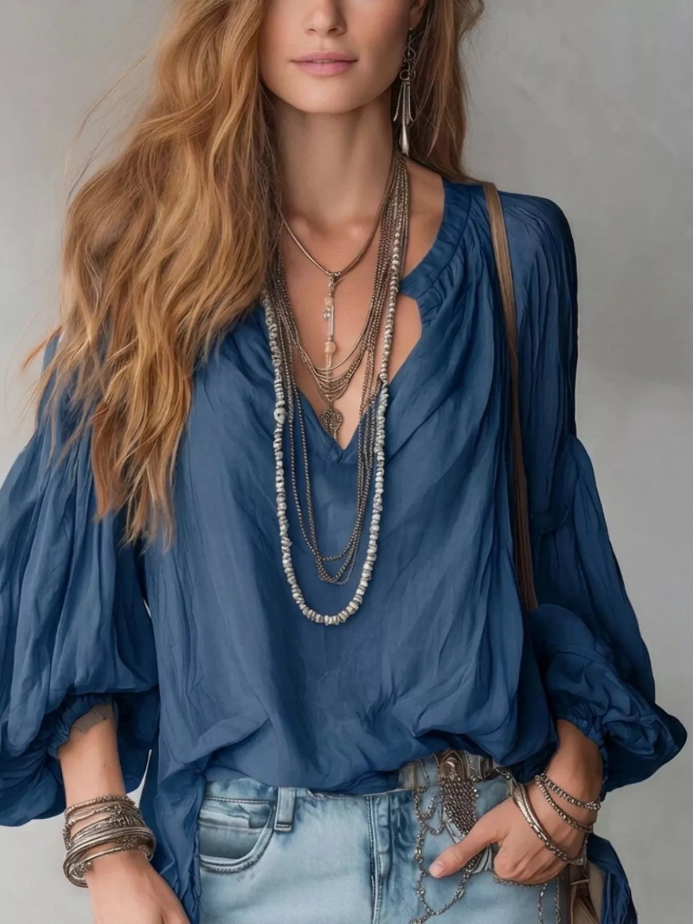 Trendsi Notched Balloon Sleeve Blouse -