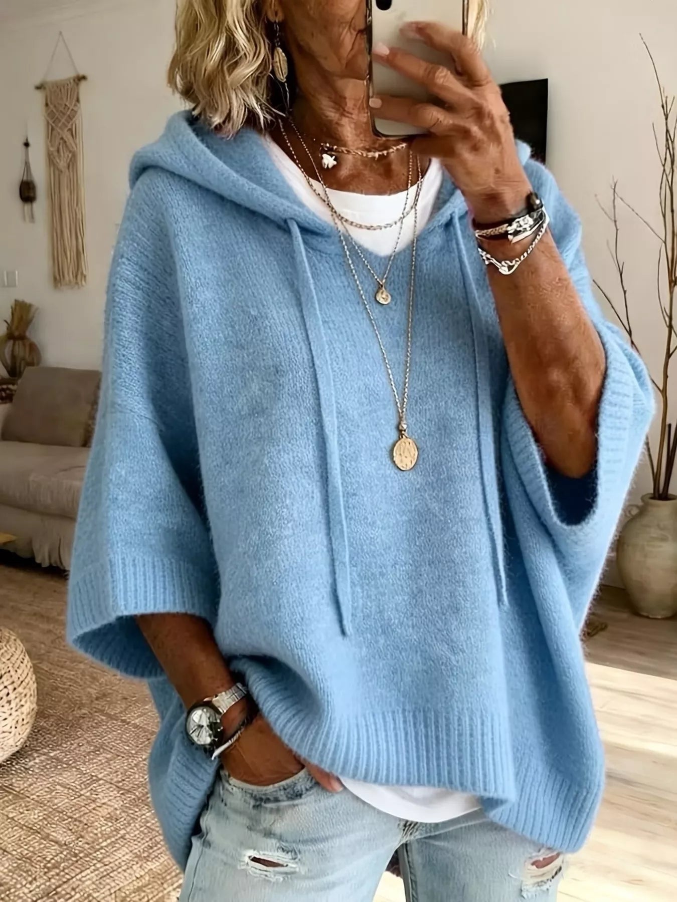 Trendsi Full Size Casual Hooded Batwing Sleeve Knit Sweater Plus Size -