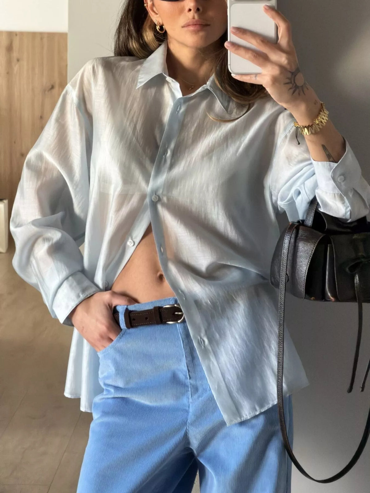 Trendsi Sheer Oversized Button-Up Shirt -
