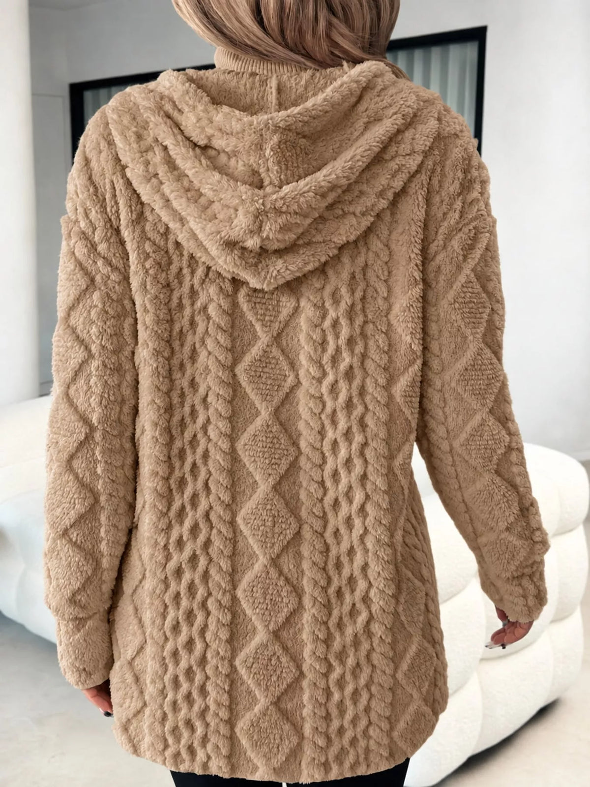 Cable Knit Zip-Up Hooded Cardigan, back view in camel