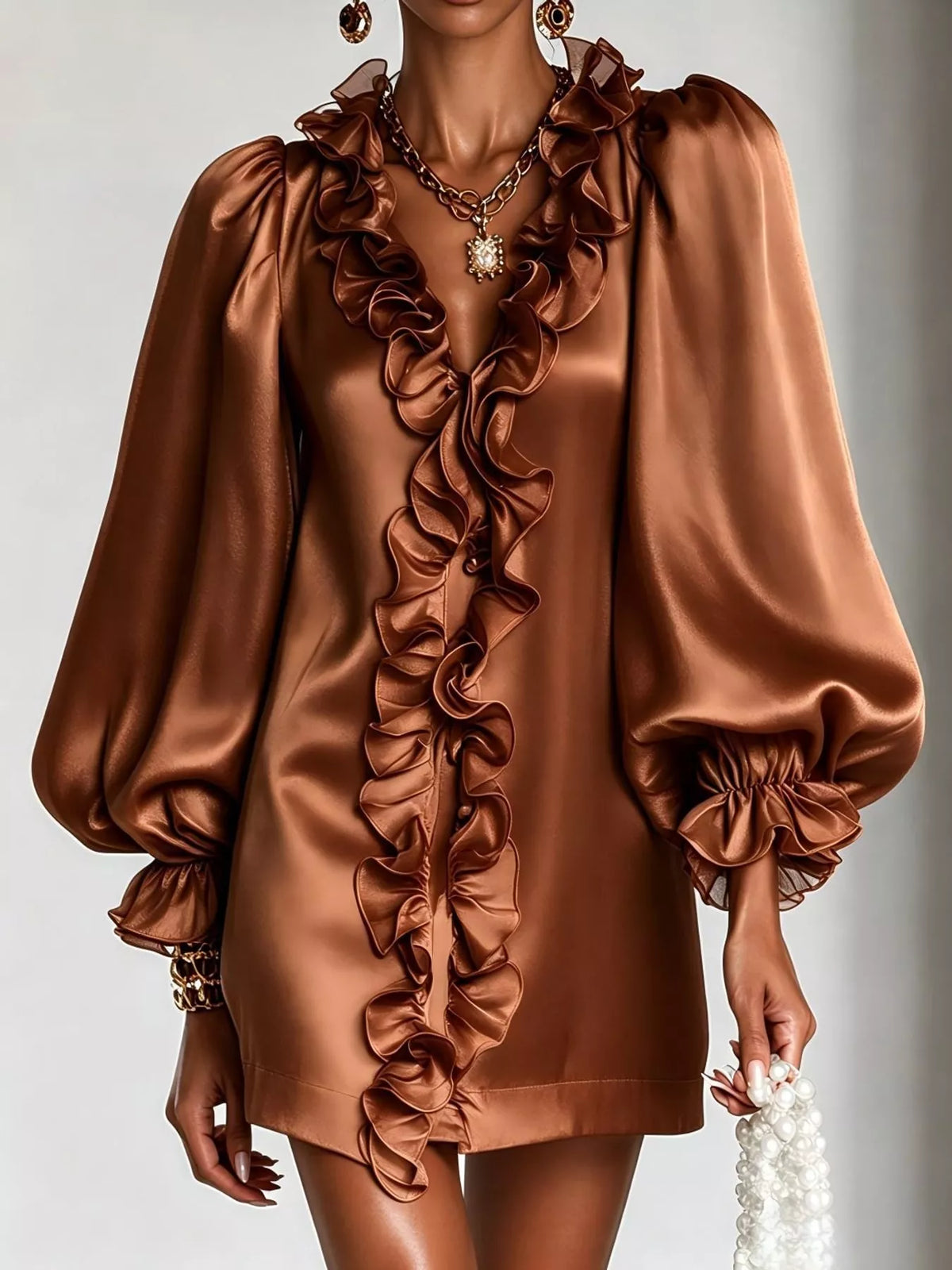 Ruffle Trim Puff Sleeve Mini Dress in caramel, front view
