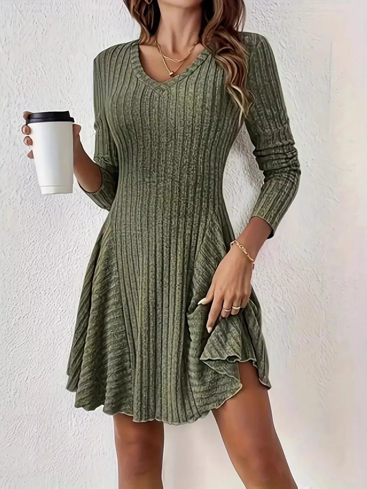 Ribbed mini dress, olive front