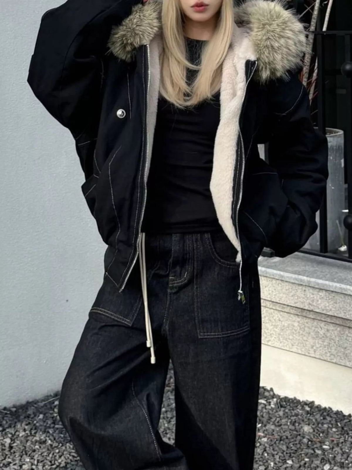 Faux Fur Lined Hooded Zip Up Jacket in black with beige trim