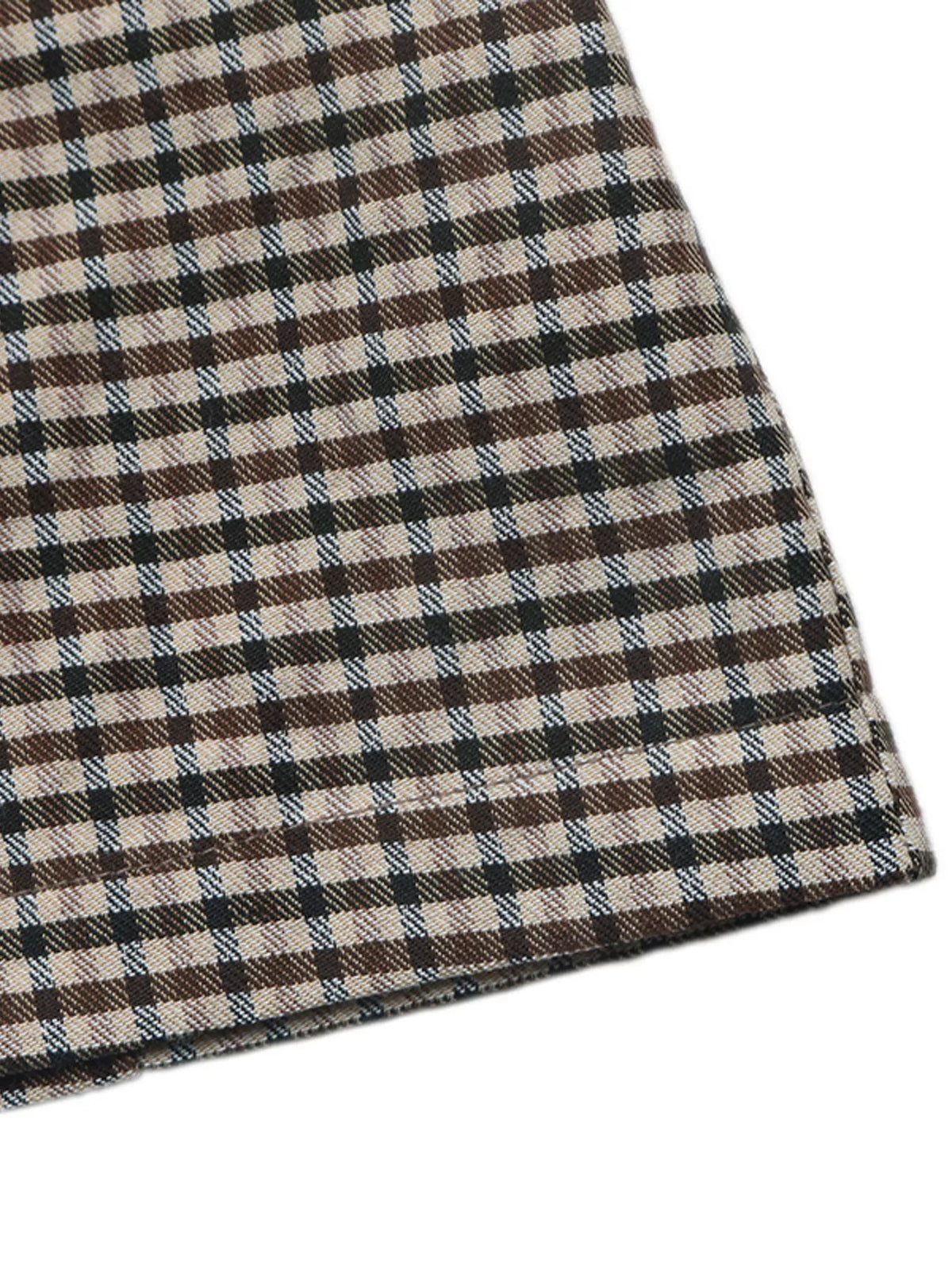 Brown plaid double-breasted blazer, hem detail