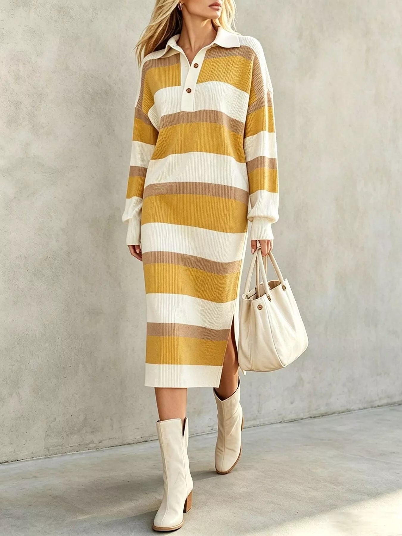 Trendsi Striped Polo Collar Long Sleeve Sweater Dress -