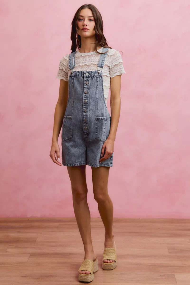 Women's Denim Romper With Adjustable Straps Button Front Acid Wash — product view 11