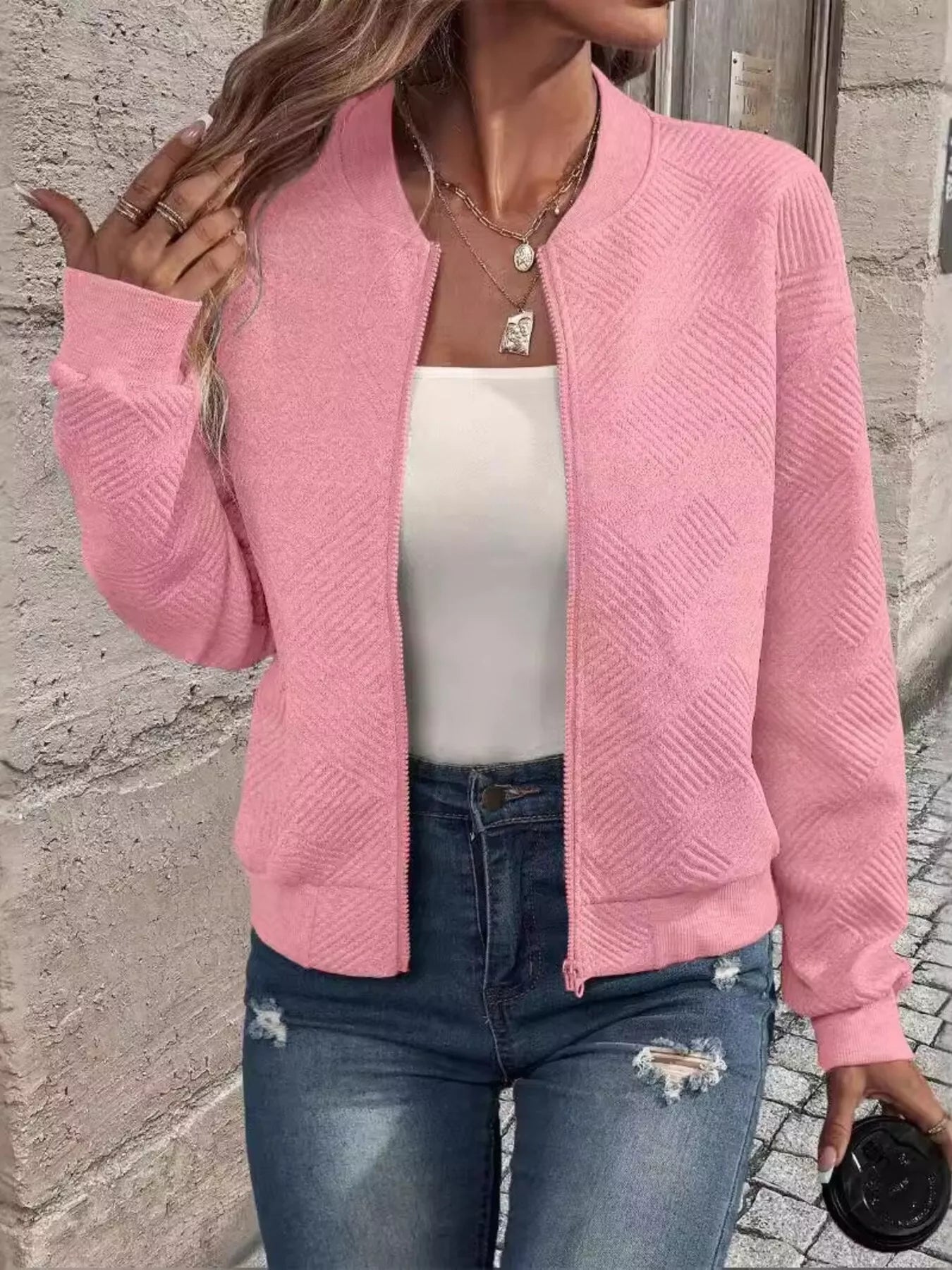 Trendsi Textured Knit Zip-Up Jacket -