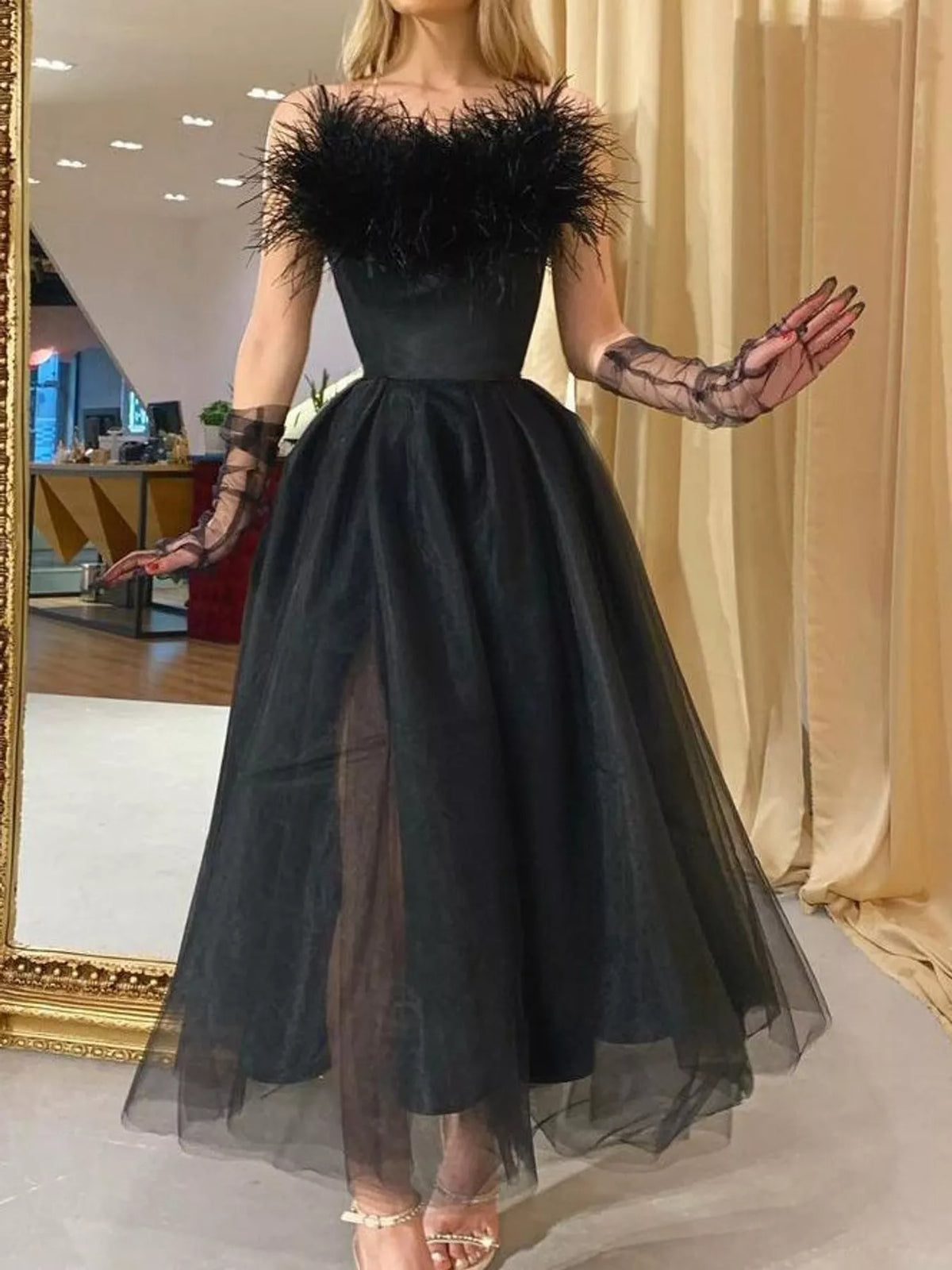 Black feather-trimmed tulle midi dress