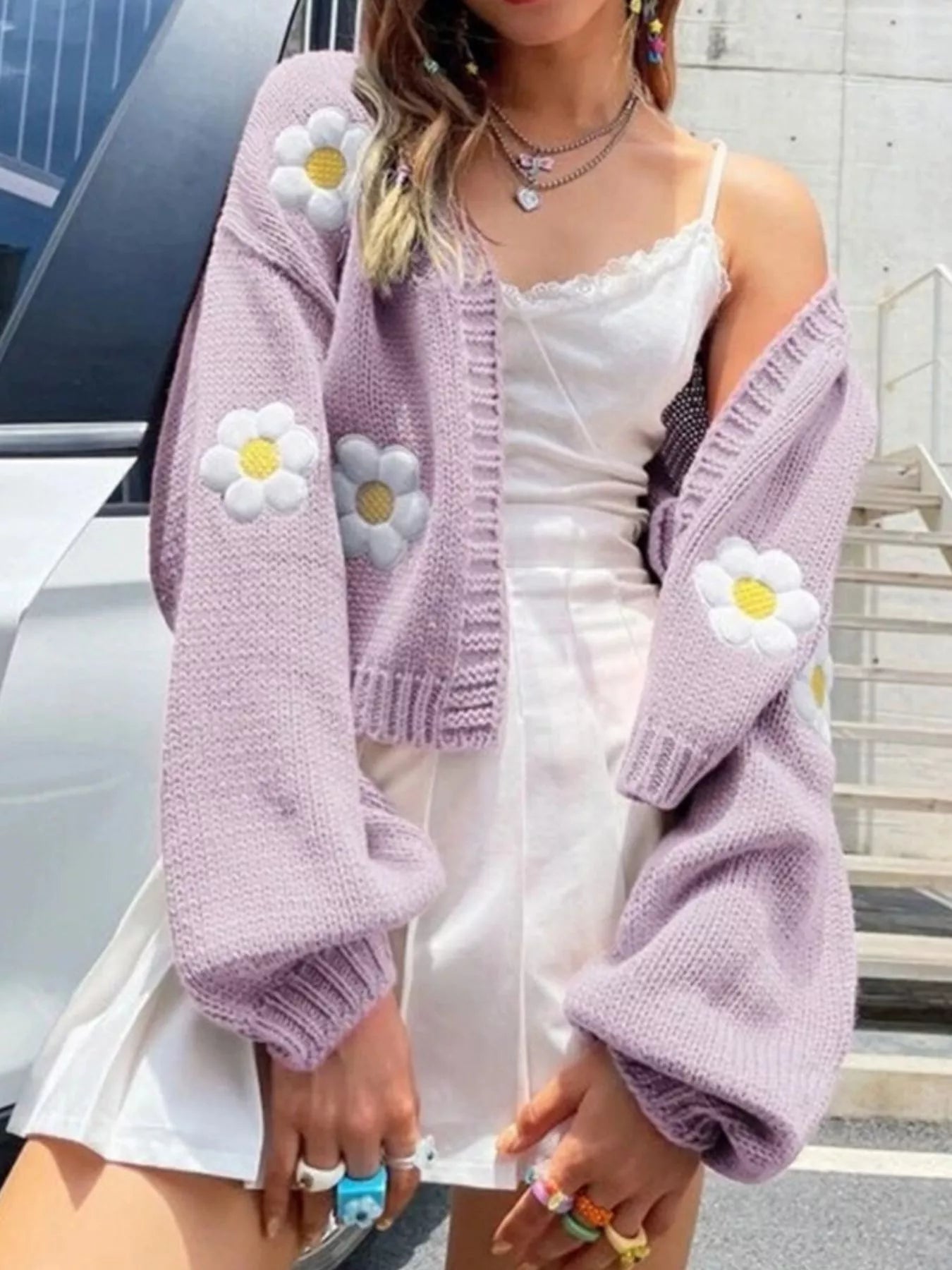 Trendsi Floral Open Front Knit Cardigan -