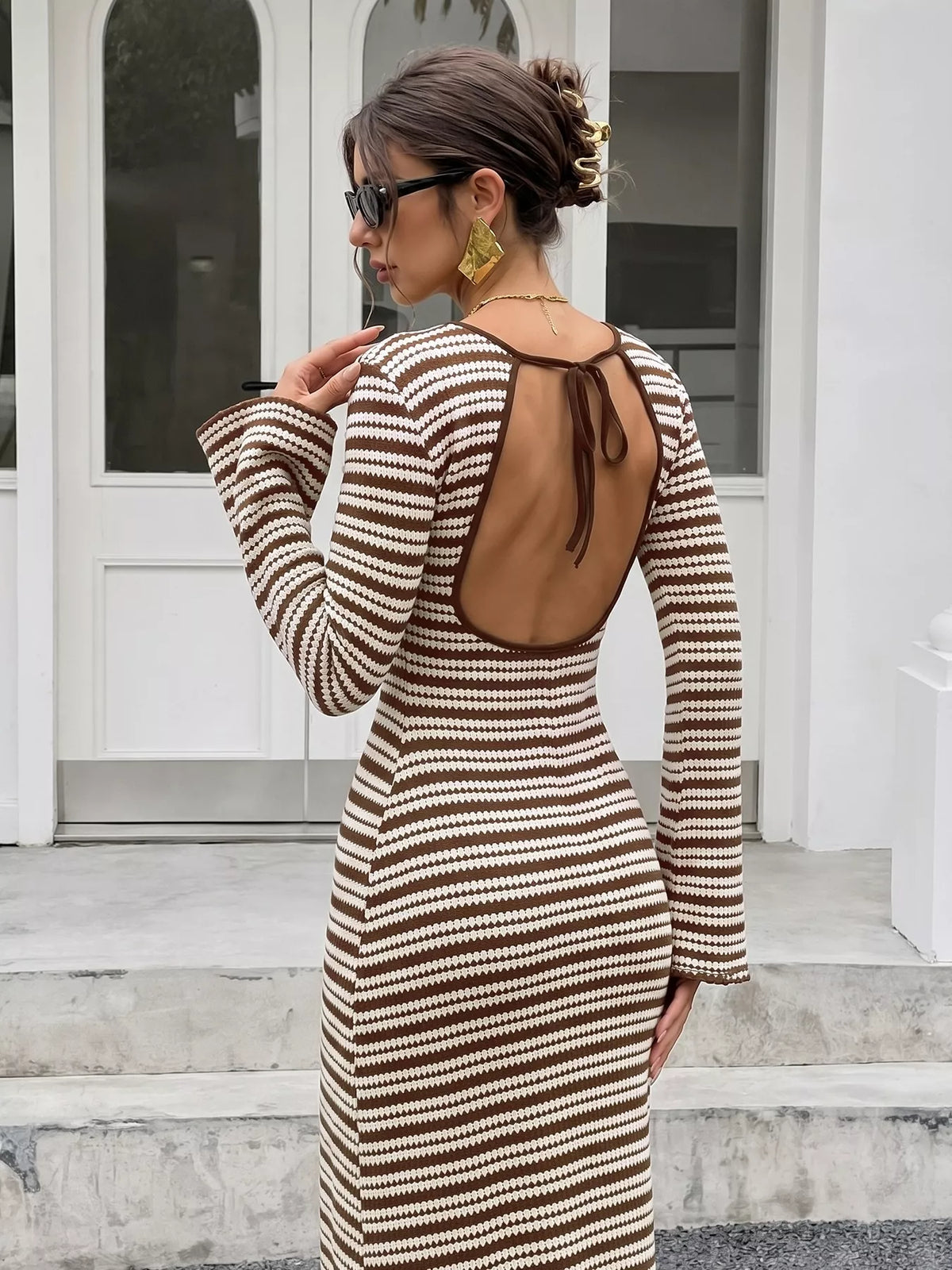 Brown and white striped flare sleeve knit dress, open back and neck tie