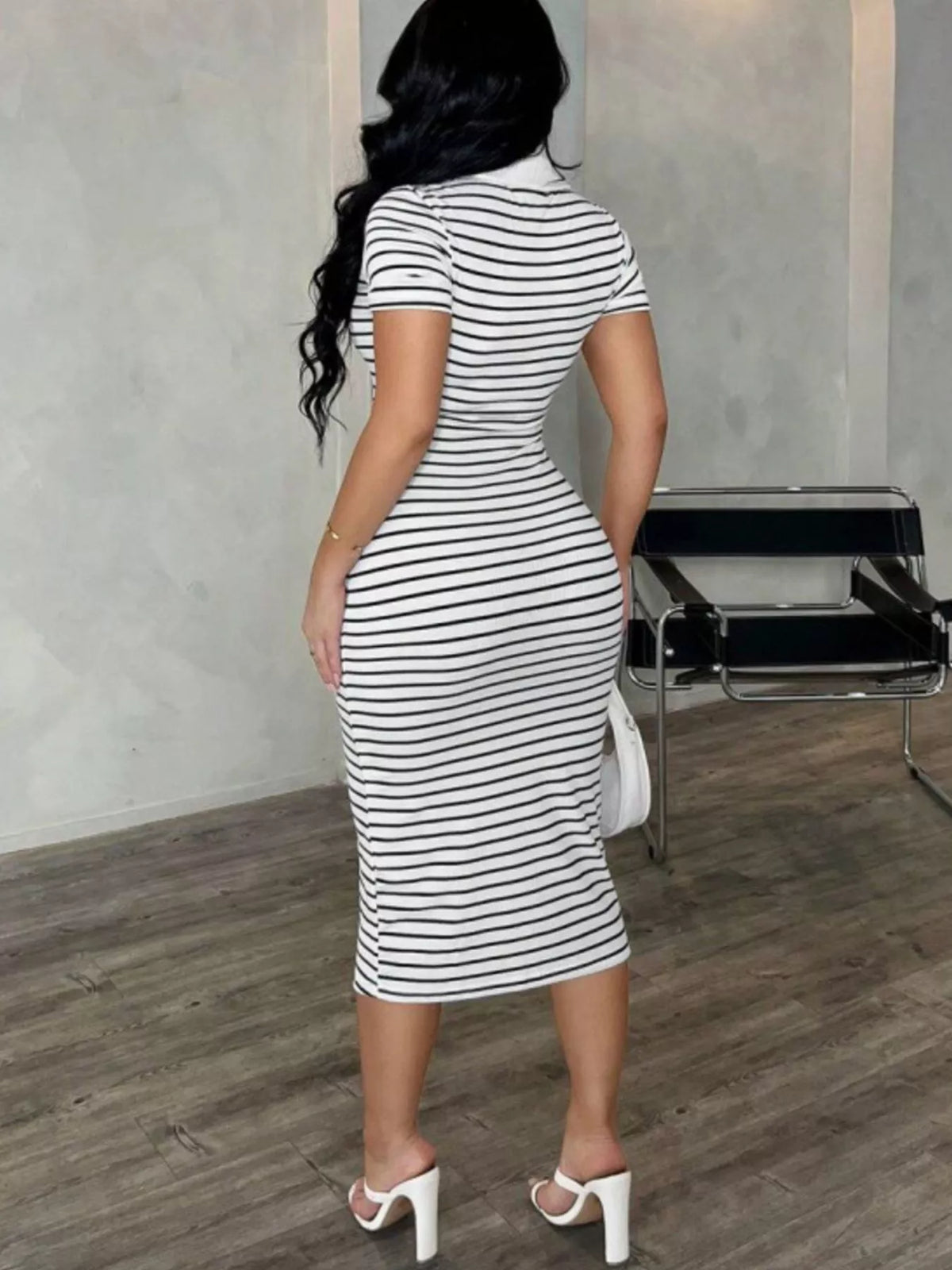 Striped Short Sleeve Bodycon Midi Dress in white and black, back view