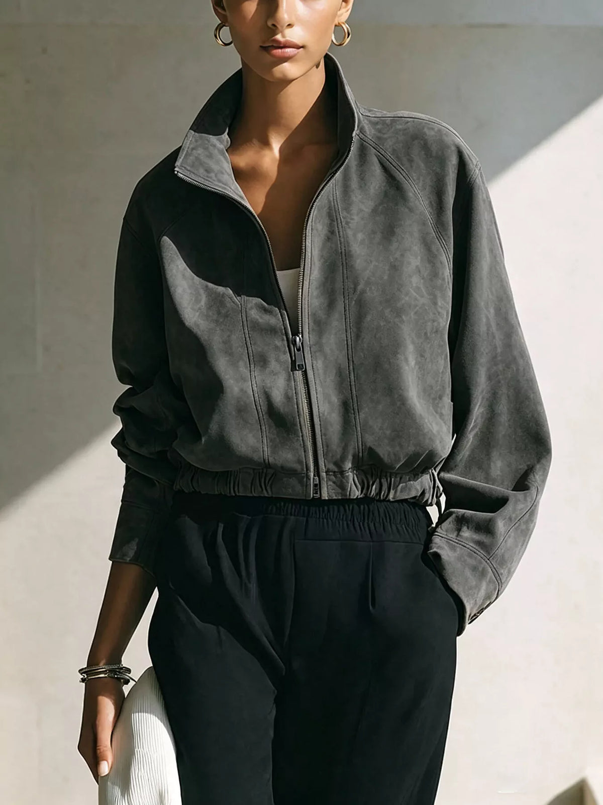 Faux Suede Zip-Up Stand Collar Cropped Jacket, front view