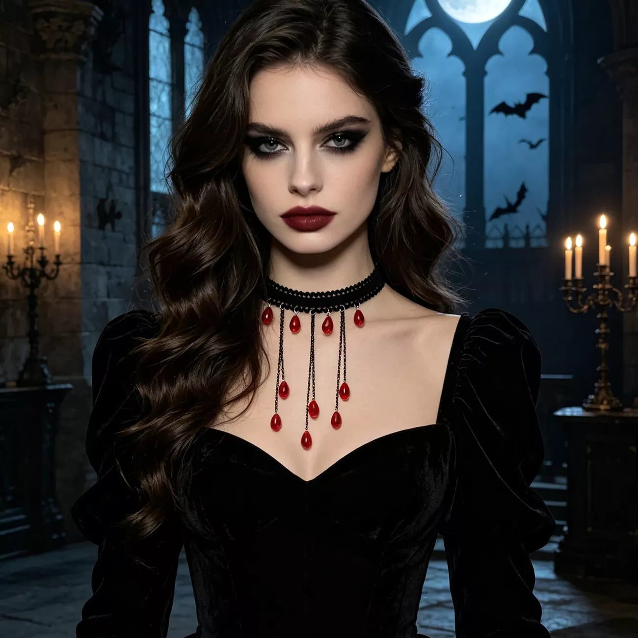Trendsi Gothic Lace Choker Necklace with Teardrop Dangle Charms -