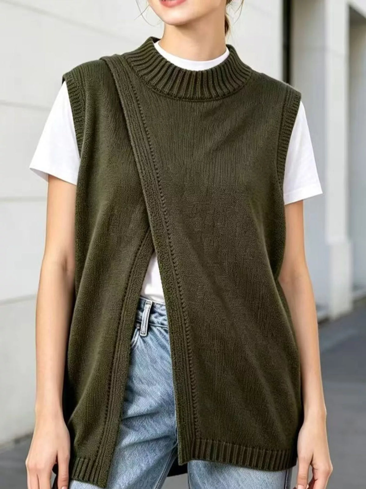 Mock Neck Asymmetrical Hem Knit Sweater Vest in green