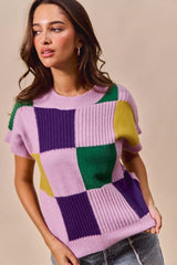 Trendsi SO ME Mardi Gras Check Plaid Casual Sweater Top -