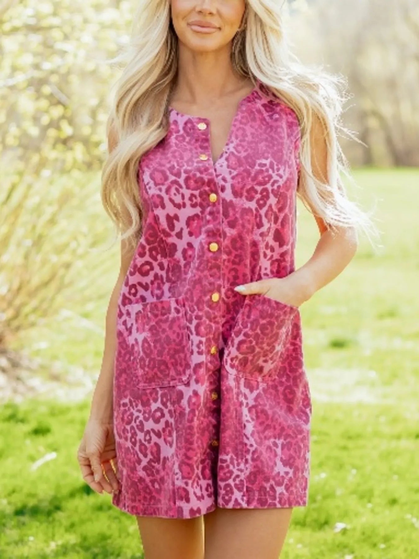Trendsi Leopard Denim Buttoned Shift Sleeveless Dress -