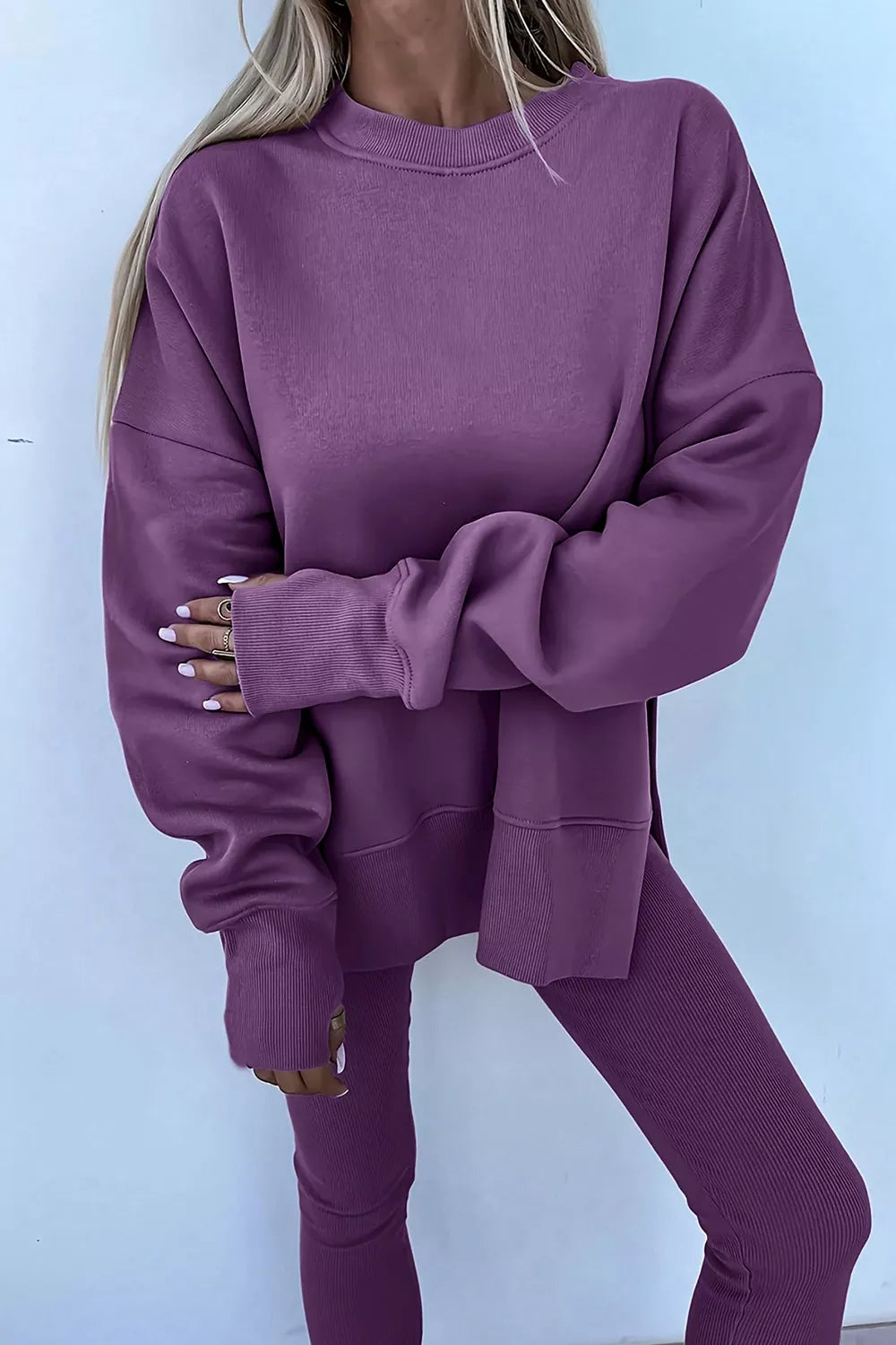 Trendsi Side Slit Long Sleeve Sweatshirt and Pants Set -